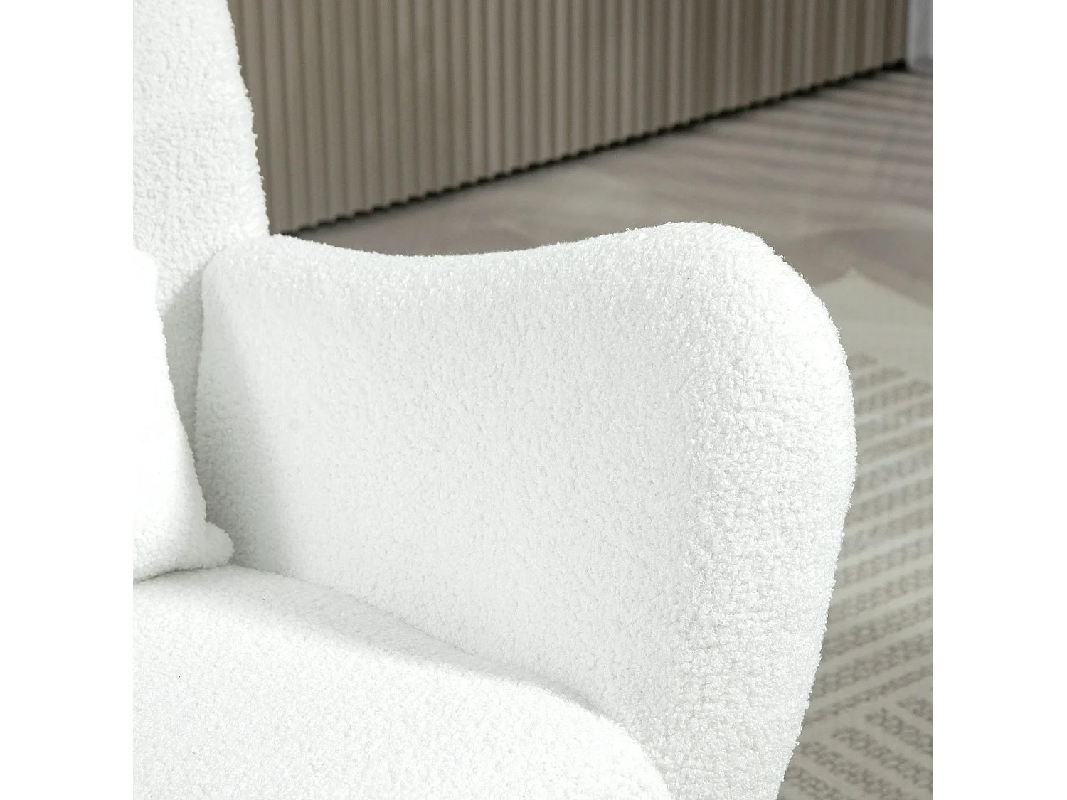 Chaise à bascule avec coussin lombaire, tissu velours, bois, blanc (67x95x100 cm)