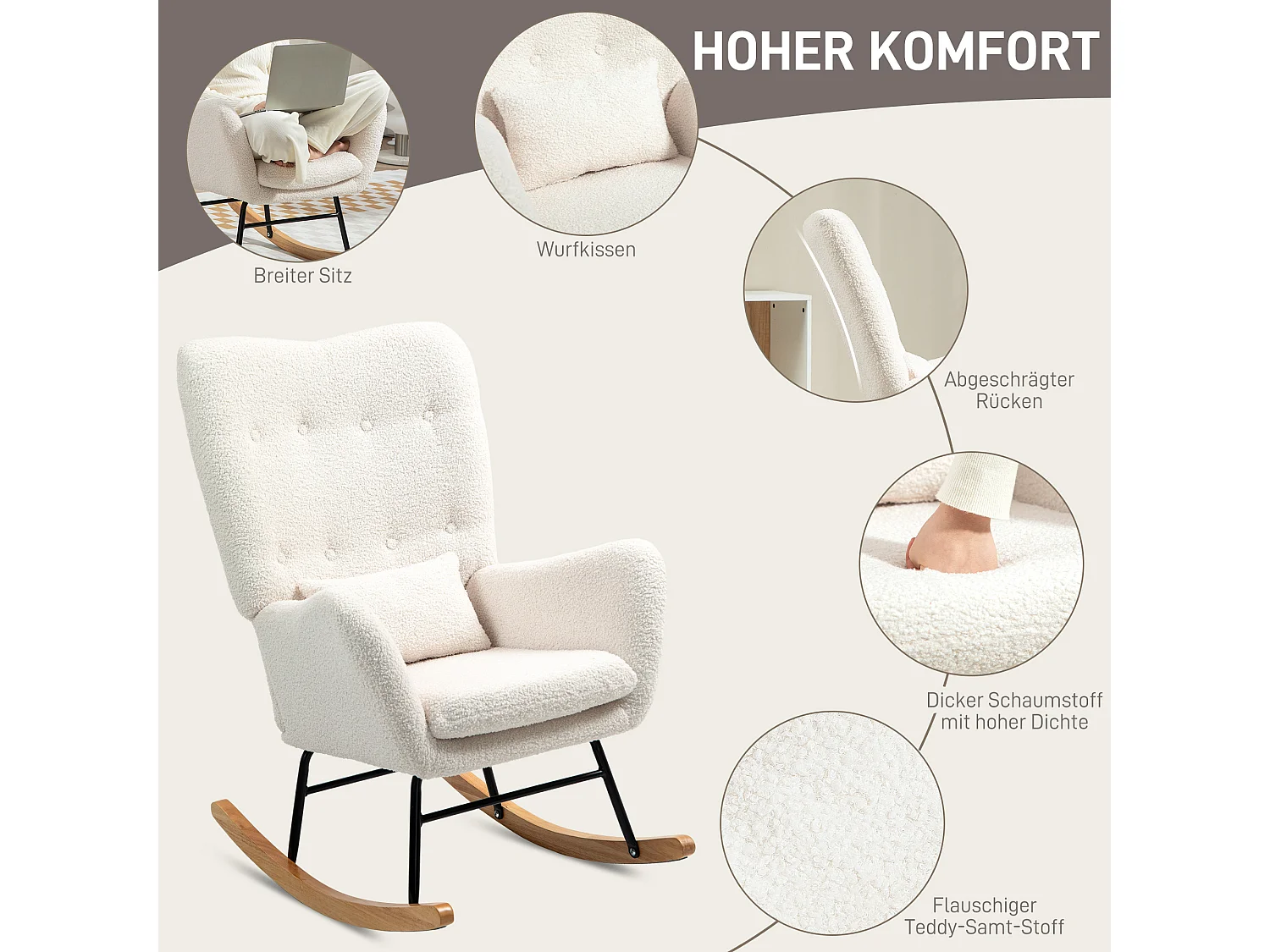 Schaukelstuhl mit Armlehnen, Kunstfellstoff, Holzgestell, creme (92x69x100 cm)