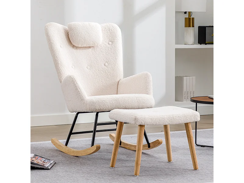 Rocking-chair confortable blanc en teddy peluche, avec appui-tête et repose-pieds, tissu, blanc (65x82x94 cm)