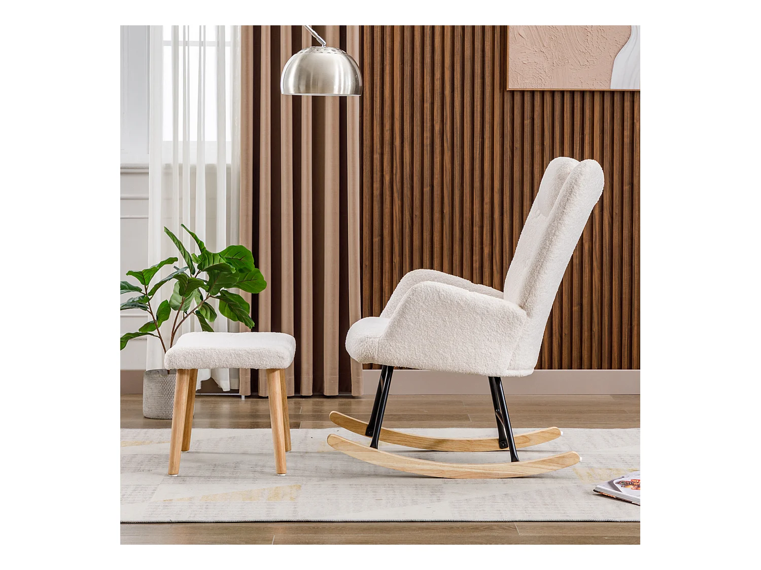 Rocking-chair confortable blanc en teddy peluche, avec appui-tête et repose-pieds, tissu, blanc (65x82x94 cm)