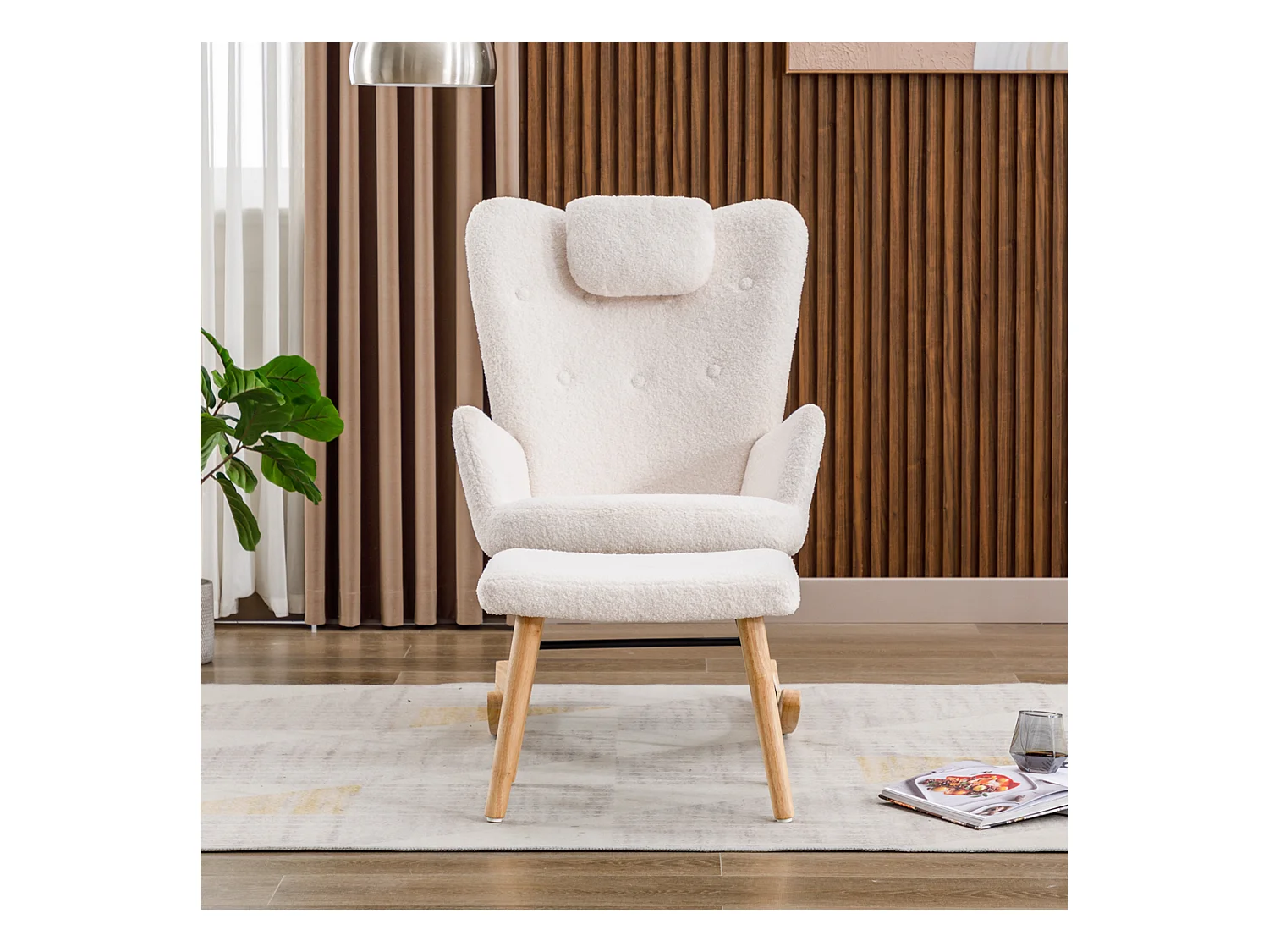 Rocking-chair confortable blanc en teddy peluche, avec appui-tête et repose-pieds, tissu, blanc (65x82x94 cm)