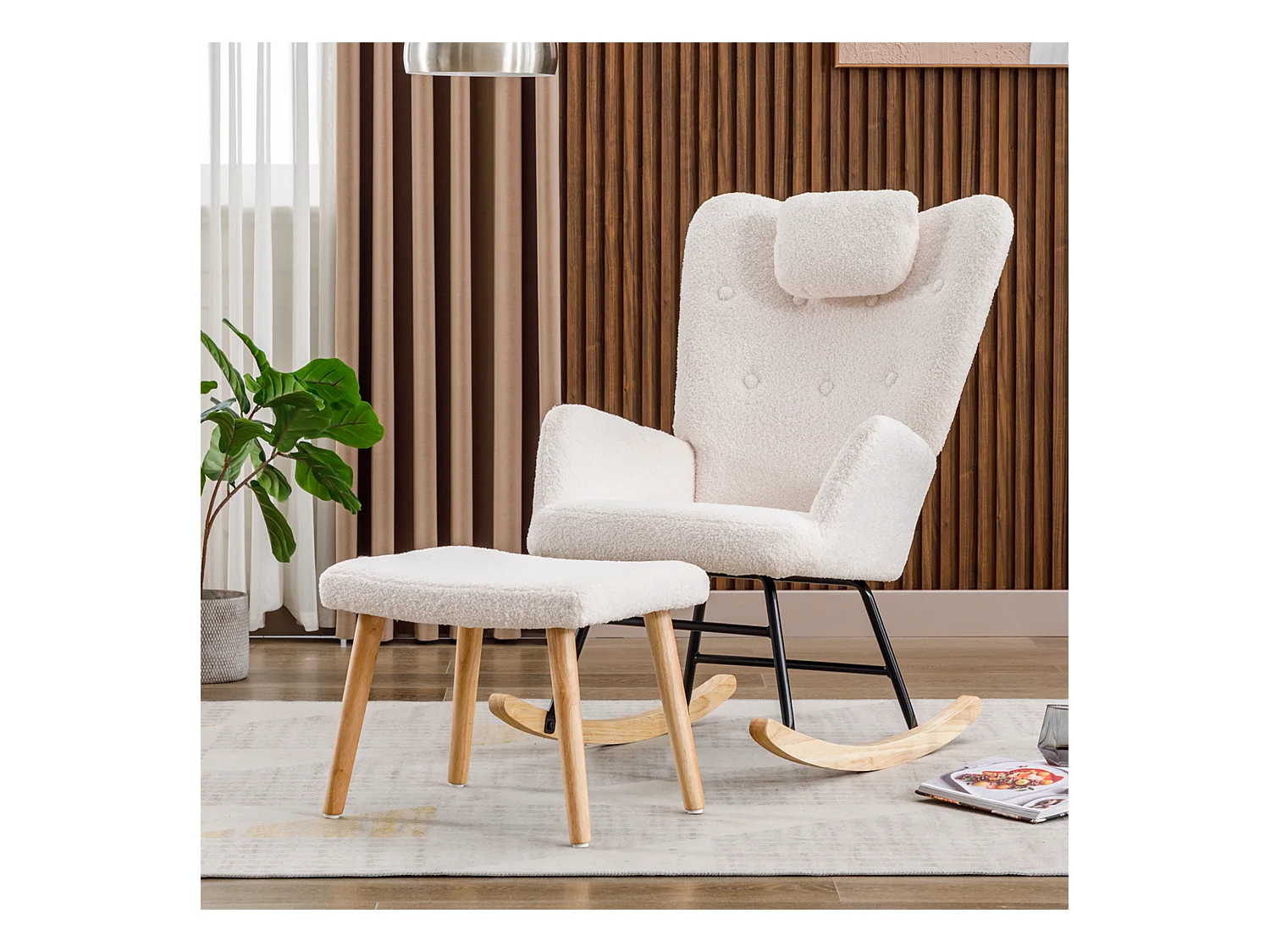 Rocking-chair confortable blanc en teddy peluche, avec appui-tête et repose-pieds, tissu, blanc (65x82x94 cm)