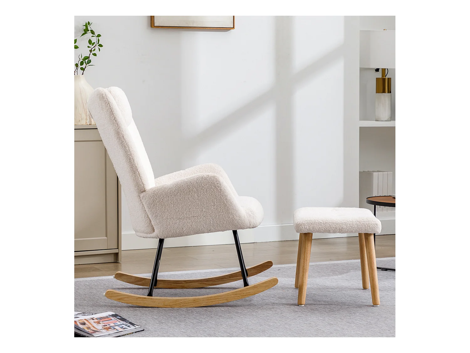 Rocking-chair confortable blanc en teddy peluche, avec appui-tête et repose-pieds, tissu, blanc (65x82x94 cm)