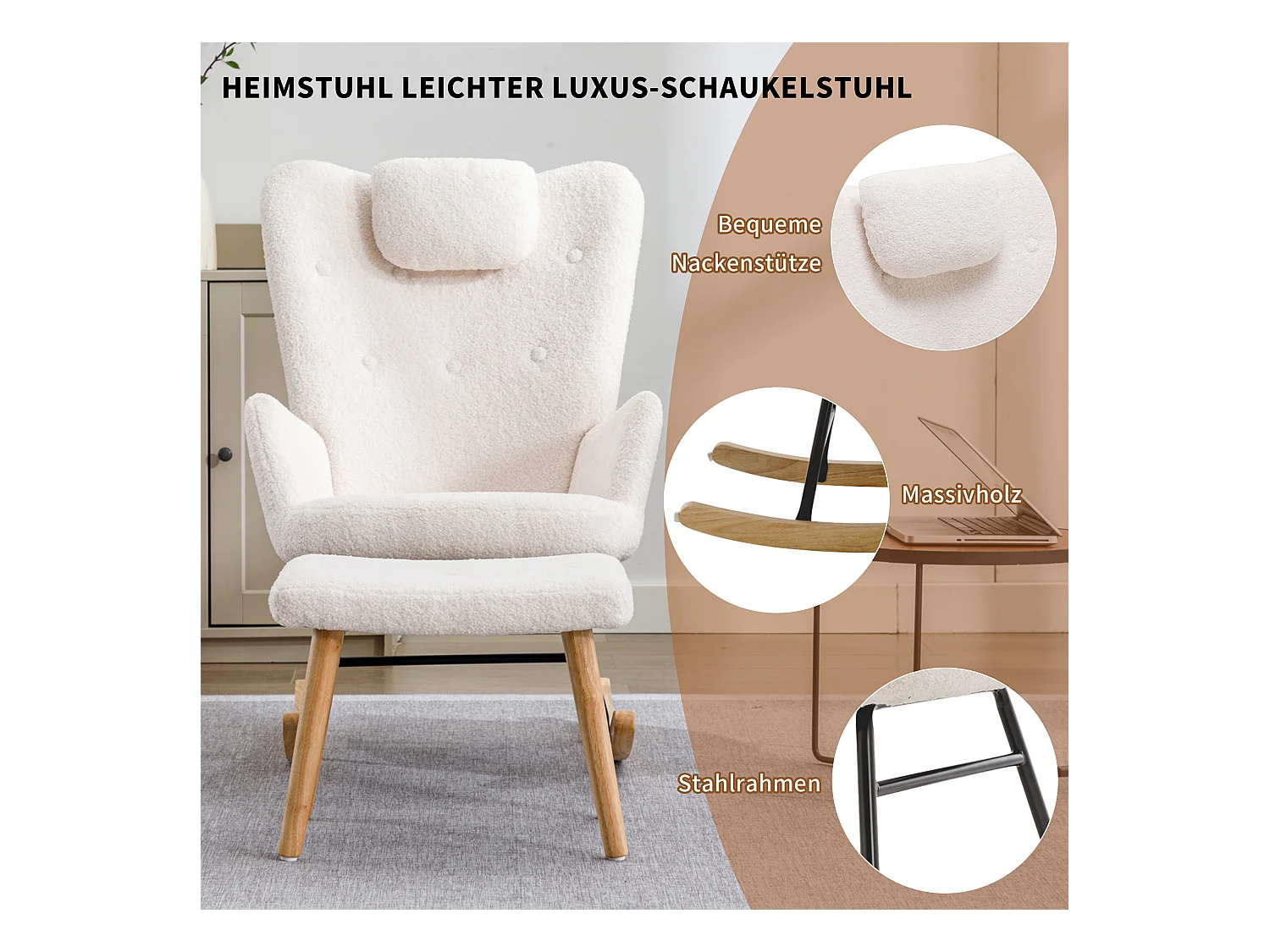 Rocking-chair confortable blanc en teddy peluche, avec appui-tête et repose-pieds, tissu, blanc (65x82x94 cm)