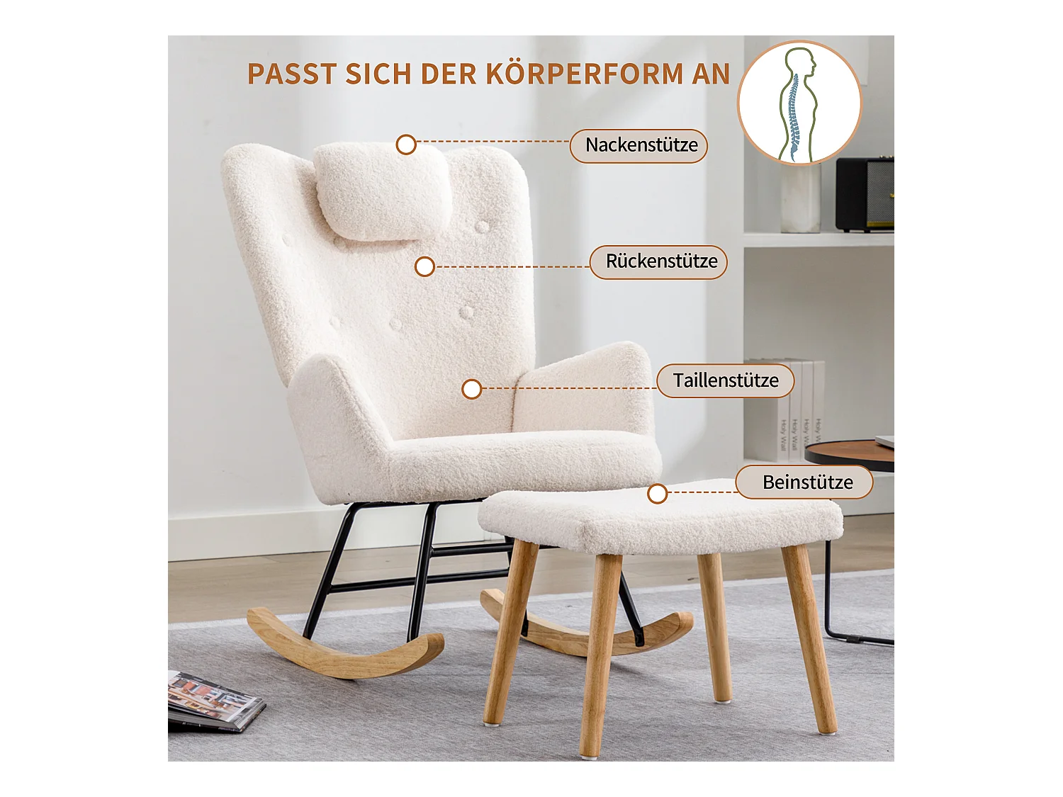 Rocking-chair confortable blanc en teddy peluche, avec appui-tête et repose-pieds, tissu, blanc (65x82x94 cm)