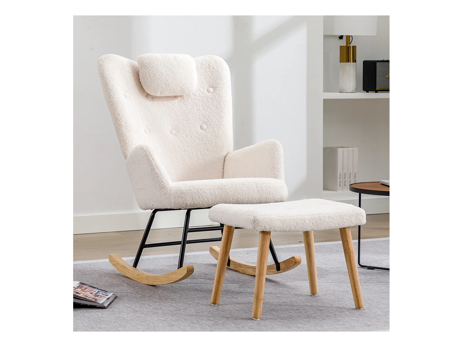Rocking-chair confortable blanc en teddy peluche, avec appui-tête et repose-pieds, tissu, blanc (65x82x94 cm)