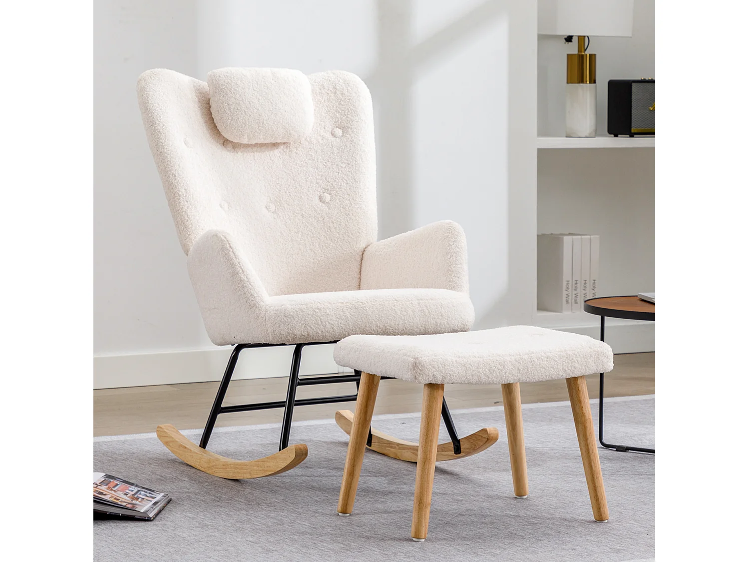 Rocking-chair confortable blanc en teddy peluche, avec appui-tête et repose-pieds, tissu, blanc (65x82x94 cm)