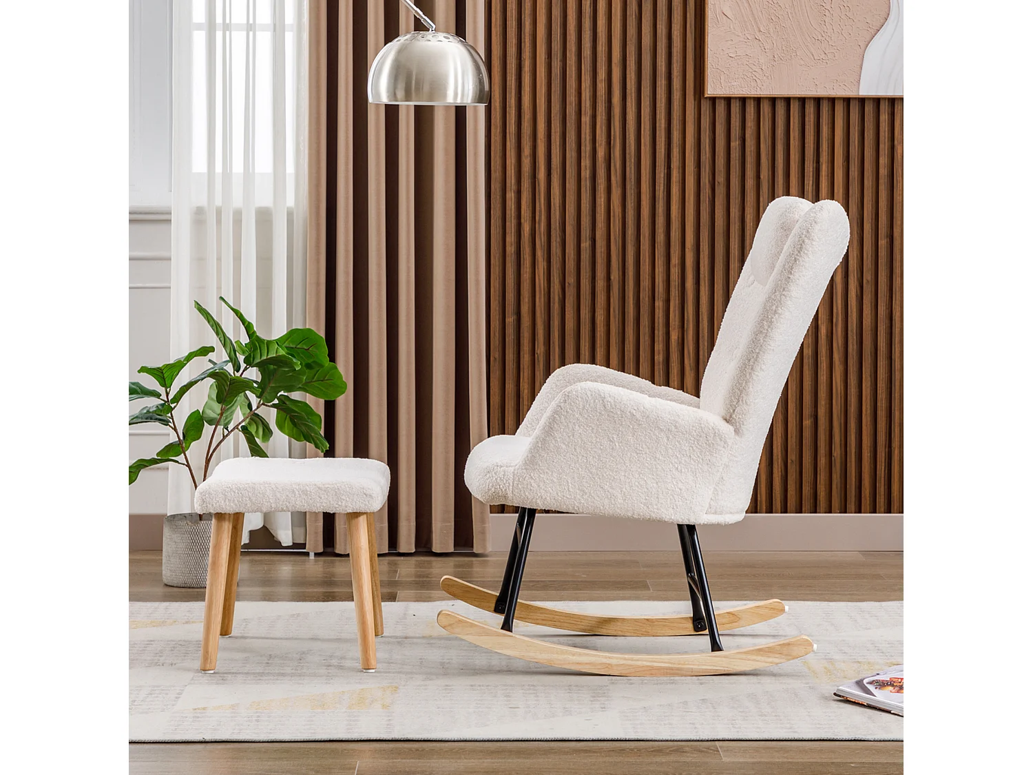 Rocking-chair confortable blanc en teddy peluche, avec appui-tête et repose-pieds, tissu, blanc (65x82x94 cm)