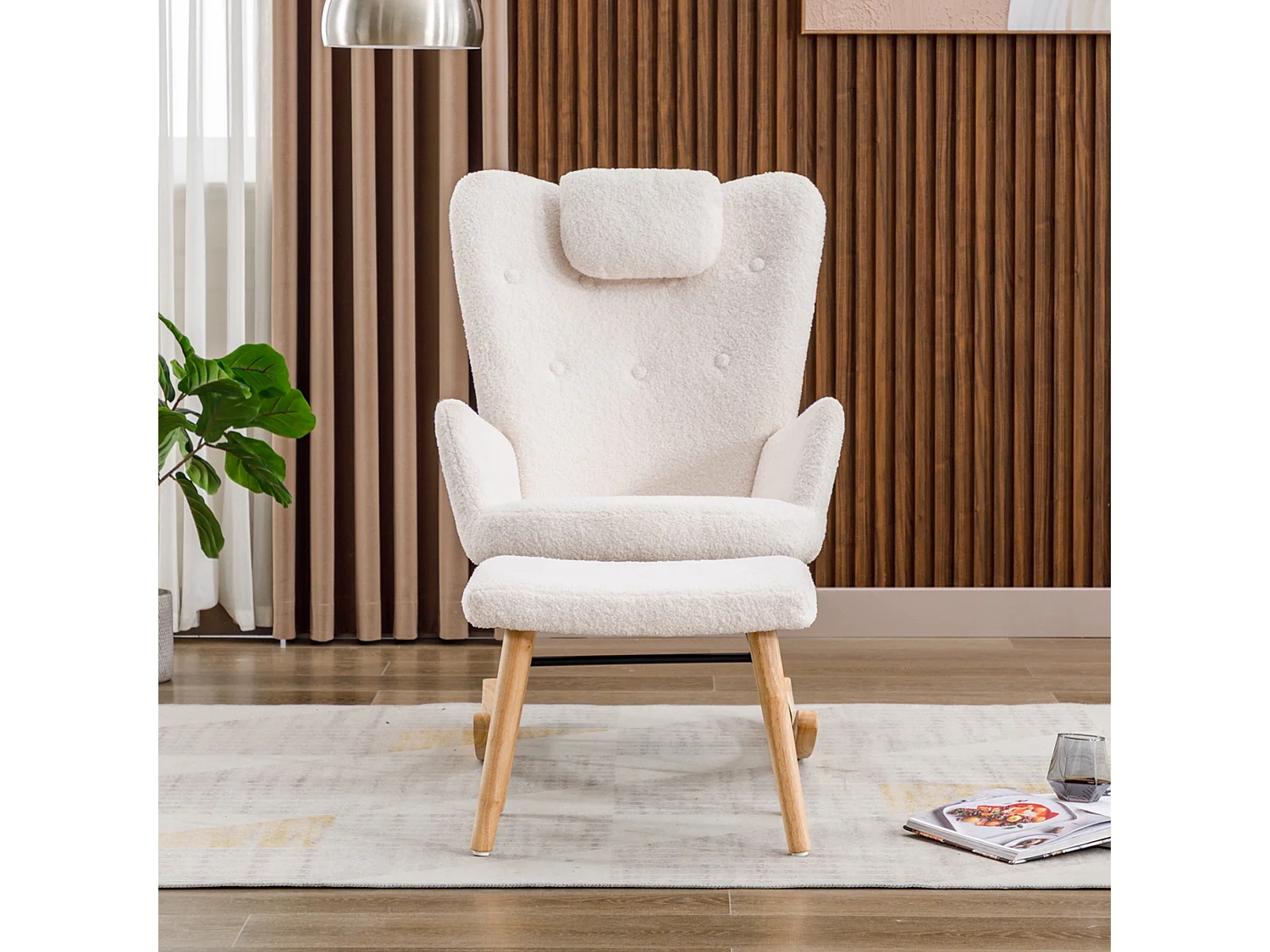 Rocking-chair confortable blanc en teddy peluche, avec appui-tête et repose-pieds, tissu, blanc (65x82x94 cm)