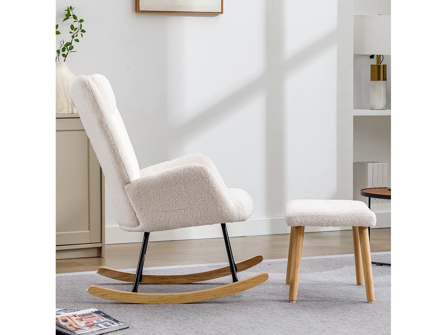 Rocking-chair confortable blanc en teddy peluche, avec appui-tête et repose-pieds, tissu, blanc (65x82x94 cm)