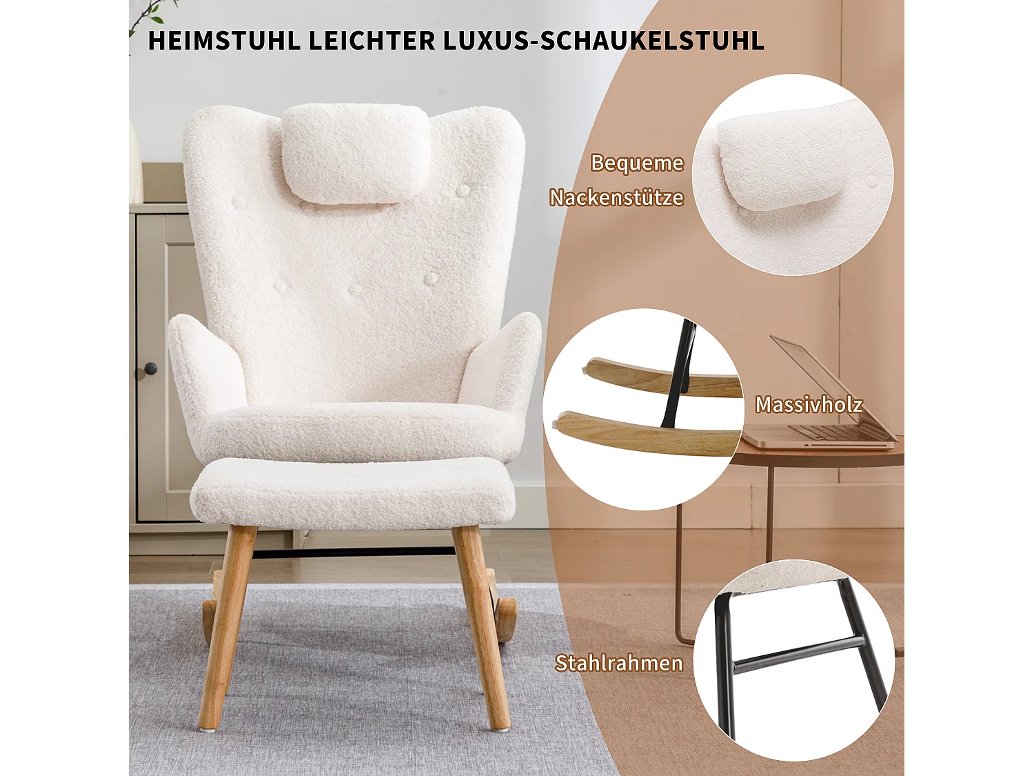 Rocking-chair confortable blanc en teddy peluche, avec appui-tête et repose-pieds, tissu, blanc (65x82x94 cm)