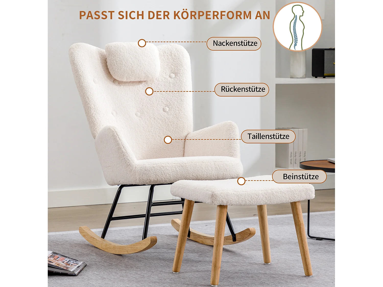 Rocking-chair confortable blanc en teddy peluche, avec appui-tête et repose-pieds, tissu, blanc (65x82x94 cm)