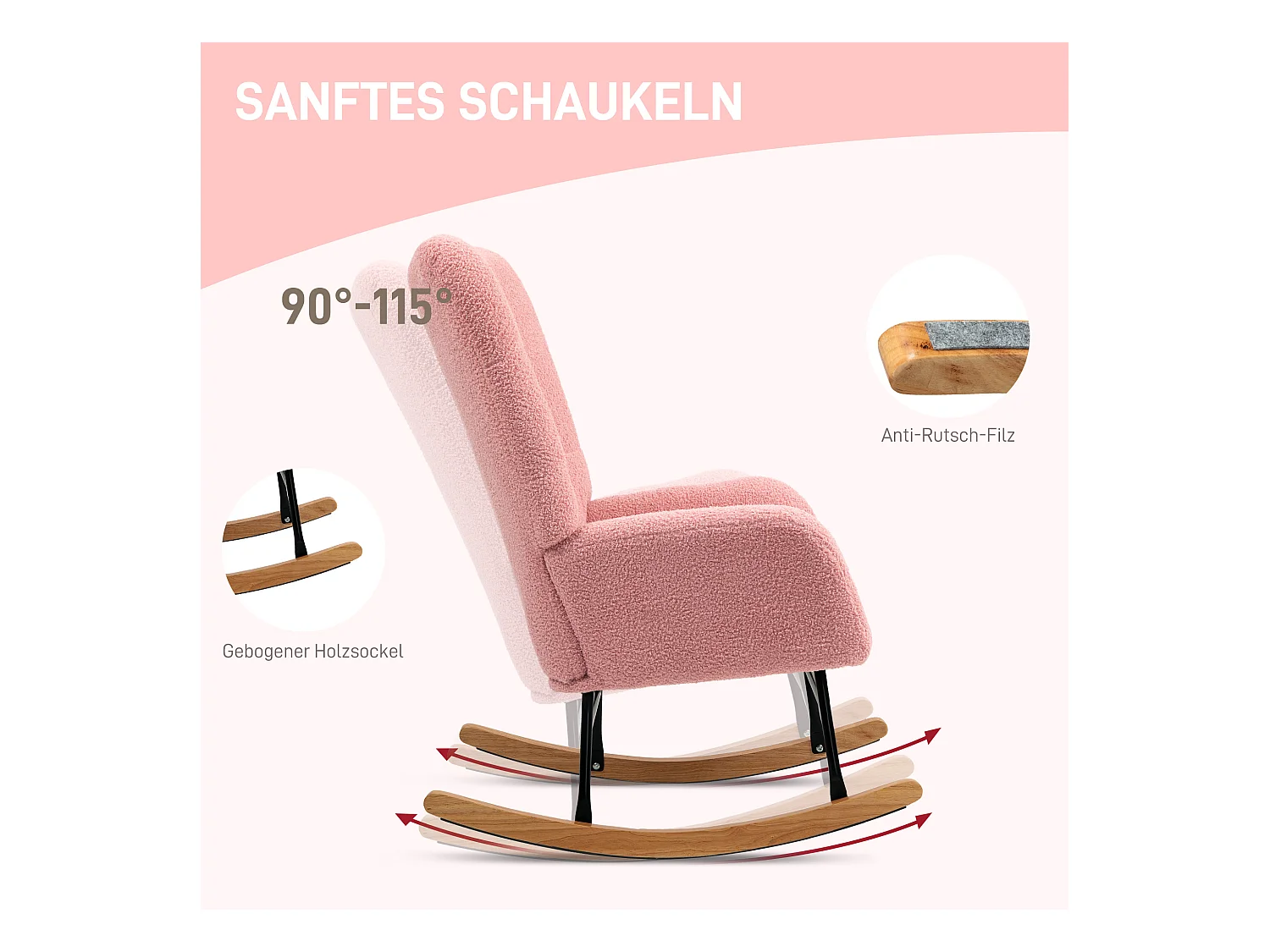 Fauteuil à Basculer, Design Ergonomique, Tissu Peluche, Rose (70x94x100 cm)