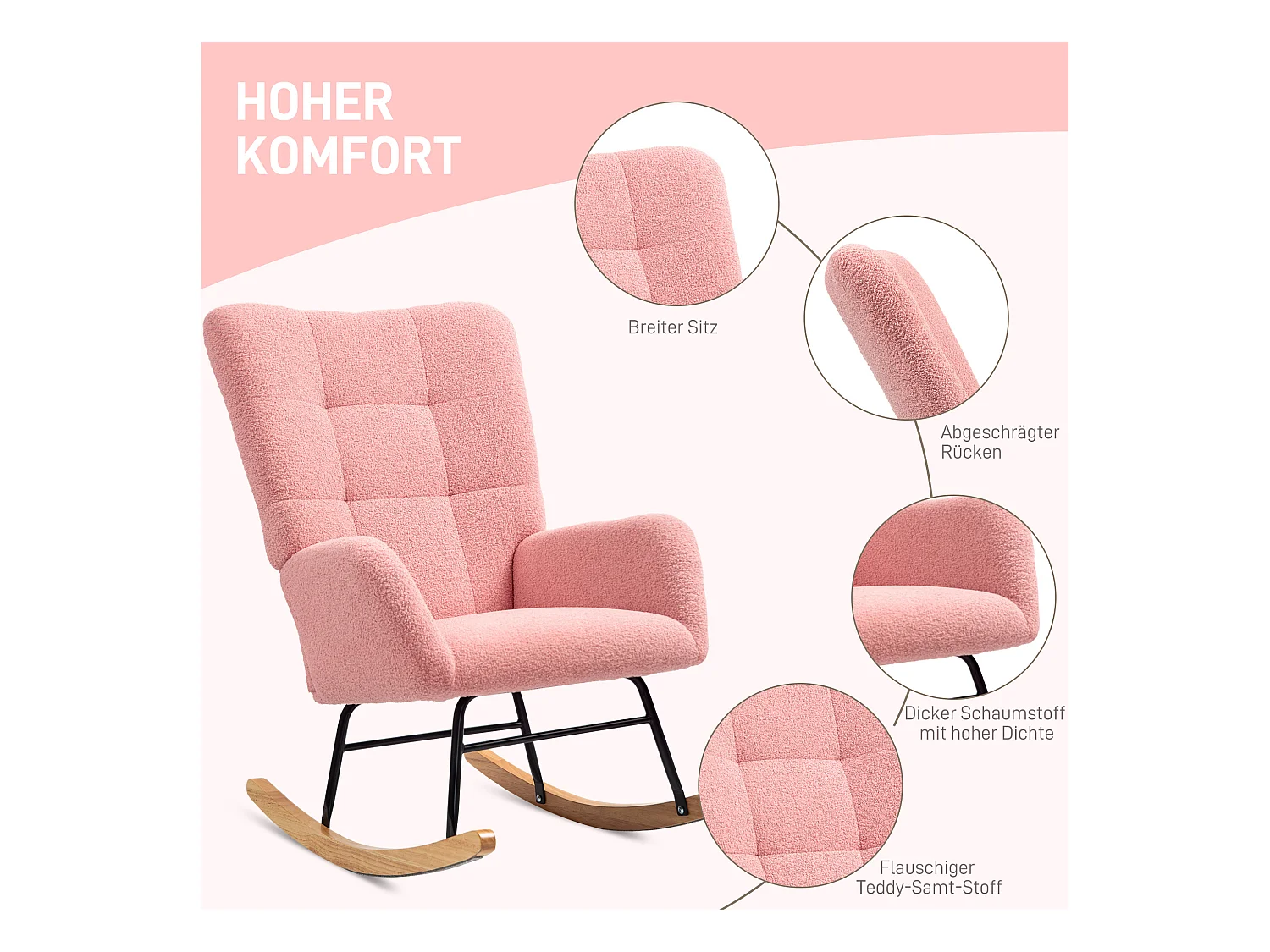 Fauteuil à Basculer, Design Ergonomique, Tissu Peluche, Rose (70x94x100 cm)