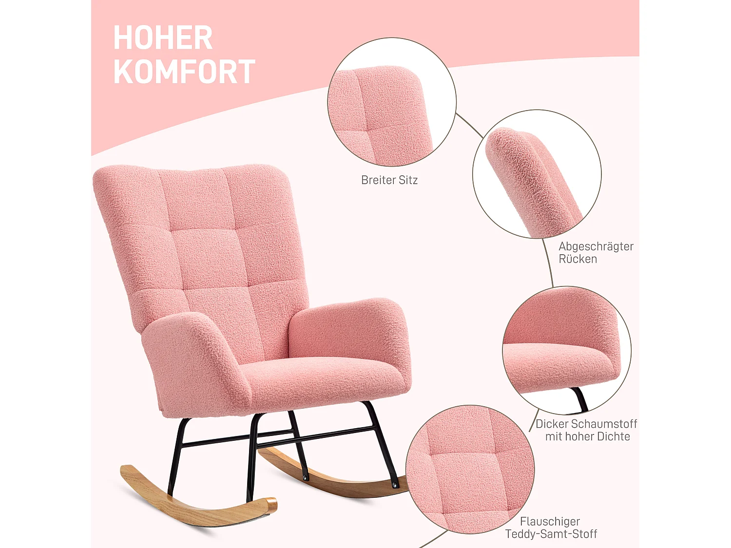 Fauteuil à Basculer, Design Ergonomique, Tissu Peluche, Rose (70x94x100 cm)