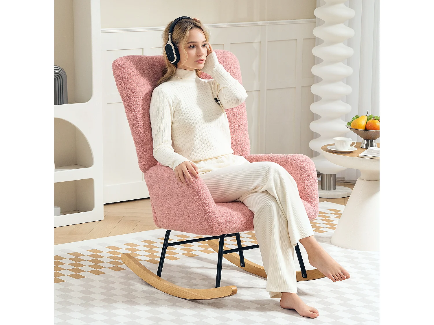 Fauteuil à Basculer, Design Ergonomique, Tissu Peluche, Rose (70x94x100 cm)