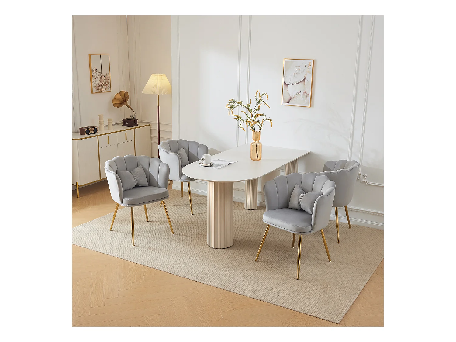 Set de 4 chaises modernes en velours, dossier en forme de pétale, coussin lombaire papillon, pieds métalliques dorés, gris (63x58x77 cm)