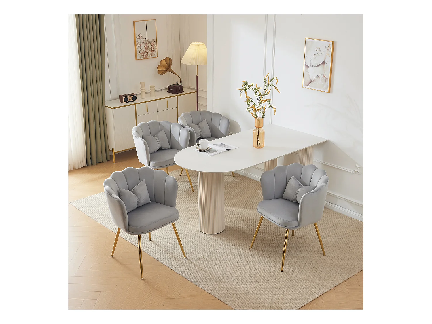 Set de 4 chaises modernes en velours, dossier en forme de pétale, coussin lombaire papillon, pieds métalliques dorés, gris (63x58x77 cm)