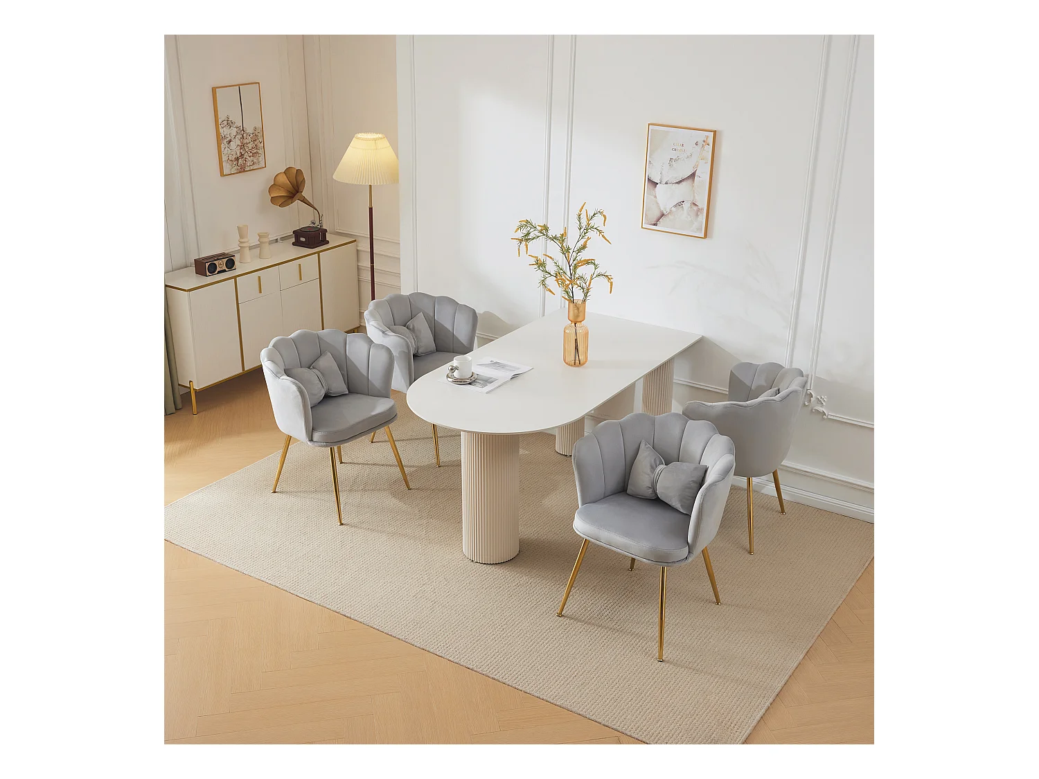 Set de 4 chaises modernes en velours, dossier en forme de pétale, coussin lombaire papillon, pieds métalliques dorés, gris (63x58x77 cm)