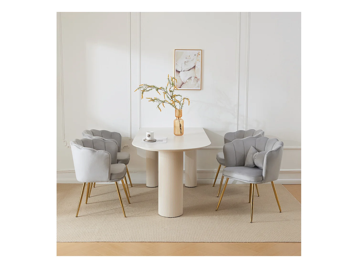 Set de 4 chaises modernes en velours, dossier en forme de pétale, coussin lombaire papillon, pieds métalliques dorés, gris (63x58x77 cm)