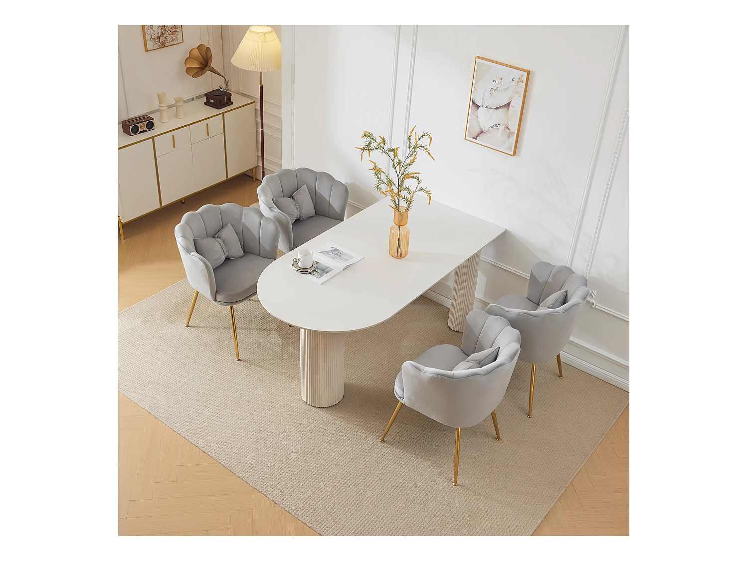 Set de 4 chaises modernes en velours, dossier en forme de pétale, coussin lombaire papillon, pieds métalliques dorés, gris (63x58x77 cm)