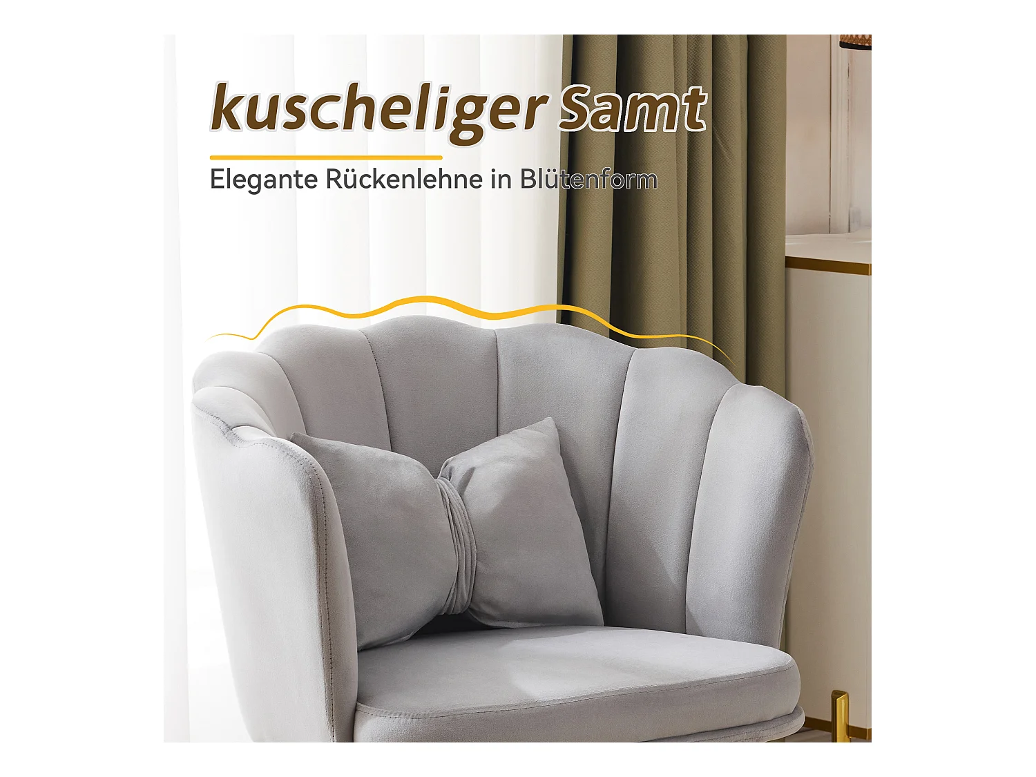 Set de 4 chaises modernes en velours, dossier en forme de pétale, coussin lombaire papillon, pieds métalliques dorés, gris (63x58x77 cm)