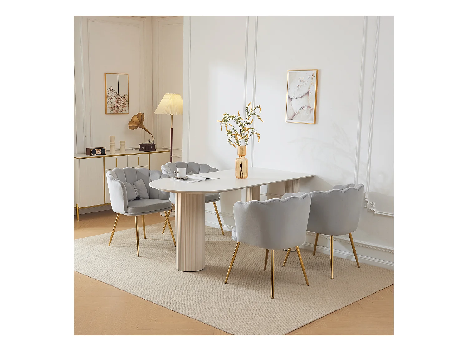 Set de 4 chaises modernes en velours, dossier en forme de pétale, coussin lombaire papillon, pieds métalliques dorés, gris (63x58x77 cm)