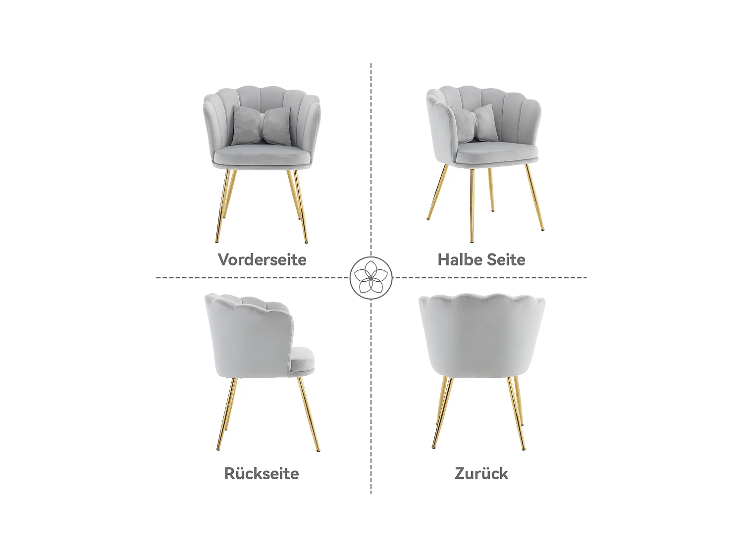 Set de 4 chaises modernes en velours, dossier en forme de pétale, coussin lombaire papillon, pieds métalliques dorés, gris (63x58x77 cm)