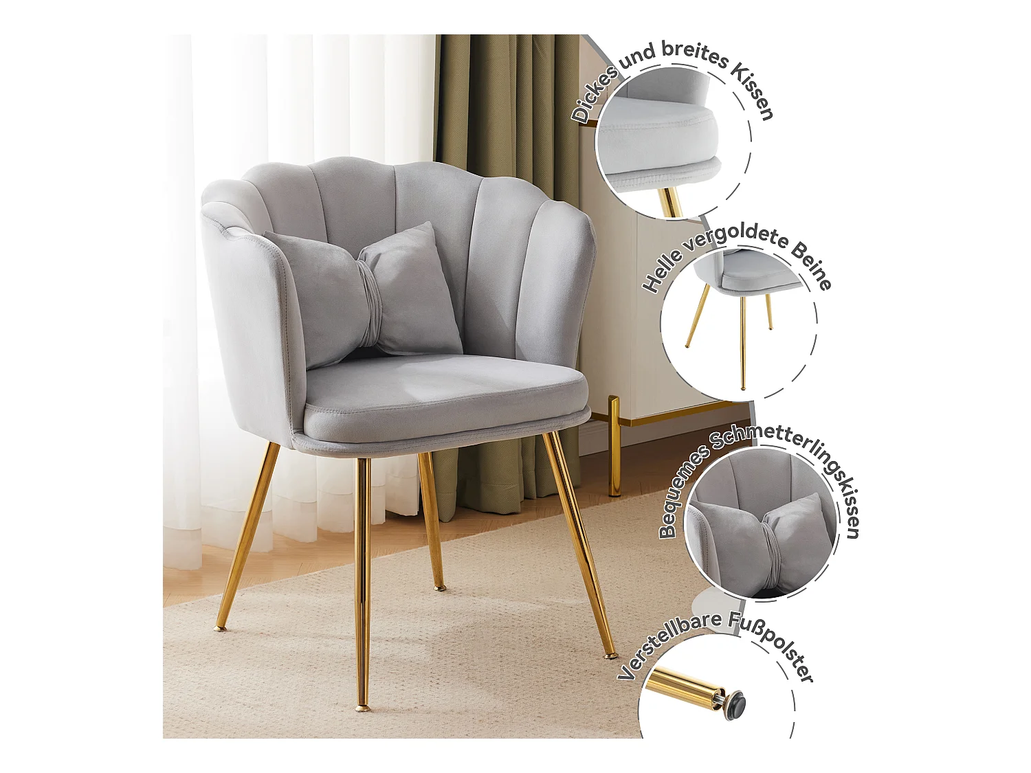 Set de 4 chaises modernes en velours, dossier en forme de pétale, coussin lombaire papillon, pieds métalliques dorés, gris (63x58x77 cm)
