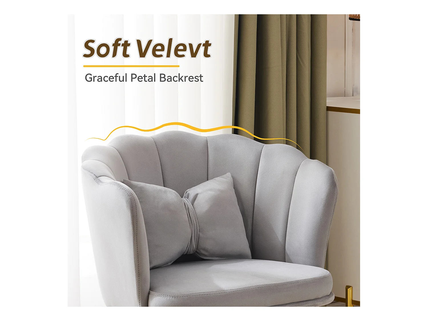 Set de 4 chaises modernes en velours, dossier en forme de pétale, coussin lombaire papillon, pieds métalliques dorés, gris (63x58x77 cm)