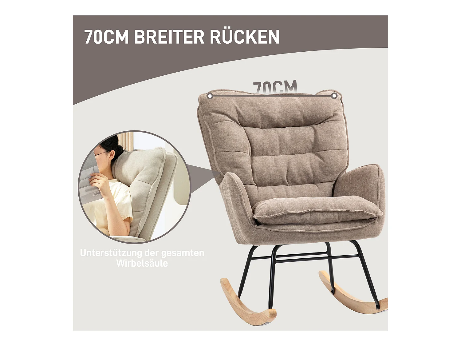 Fauteuil à bascule, avec accoudoirs, en tissu chenille, jusqu'à 120 kg, brun (71x98.5x97 cm)