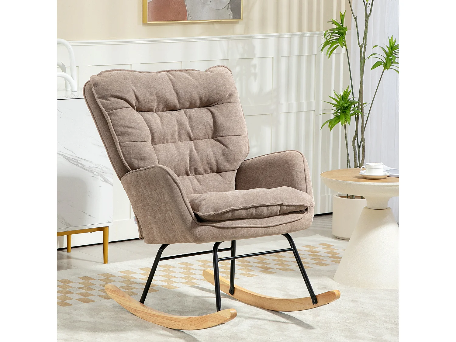 Fauteuil à bascule, avec accoudoirs, en tissu chenille, jusqu'à 120 kg, brun (71x98.5x97 cm)