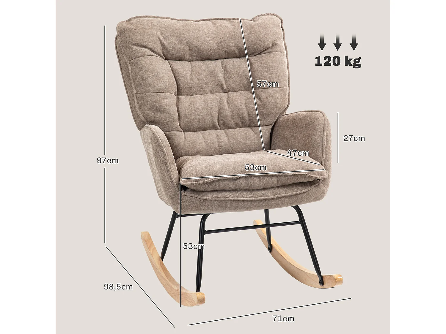 Fauteuil à bascule, avec accoudoirs, en tissu chenille, jusqu'à 120 kg, brun (71x98.5x97 cm)