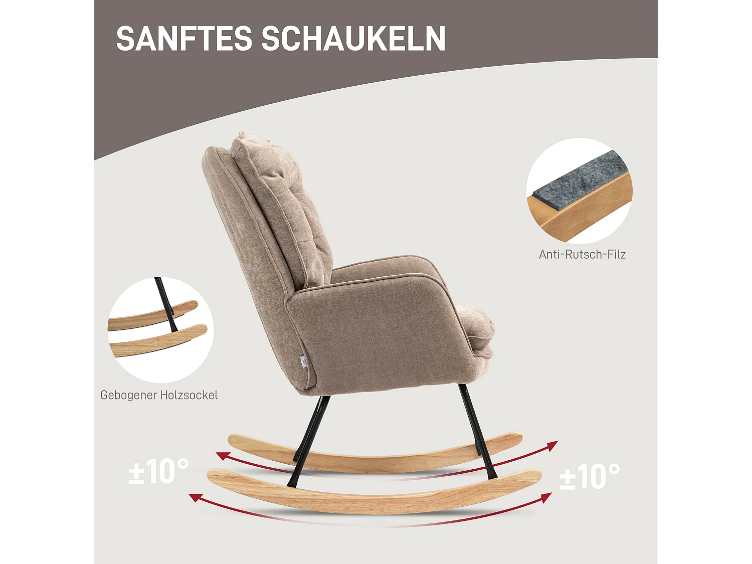 Fauteuil à bascule, avec accoudoirs, en tissu chenille, jusqu'à 120 kg, brun (71x98.5x97 cm)