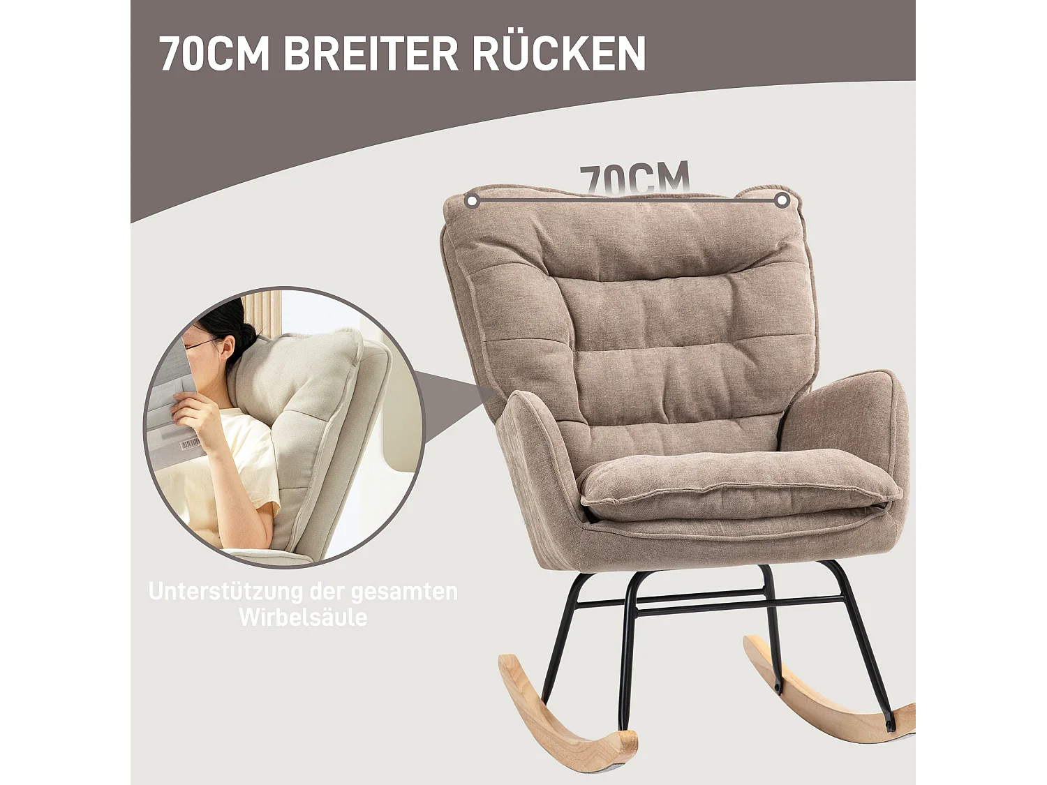 Fauteuil à bascule, avec accoudoirs, en tissu chenille, jusqu'à 120 kg, brun (71x98.5x97 cm)