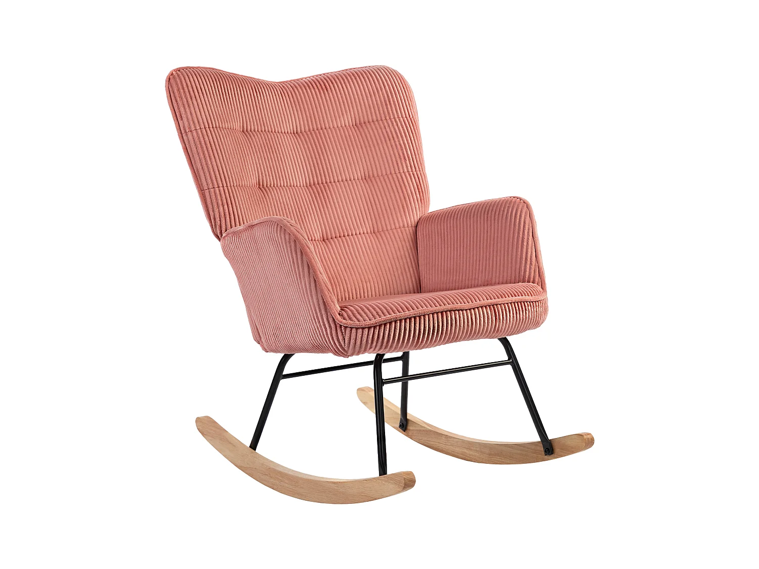 Fauteuil à bascule avec accoudoirs et dossier, tissu côtelé, bois, rose (71x98x101 cm)