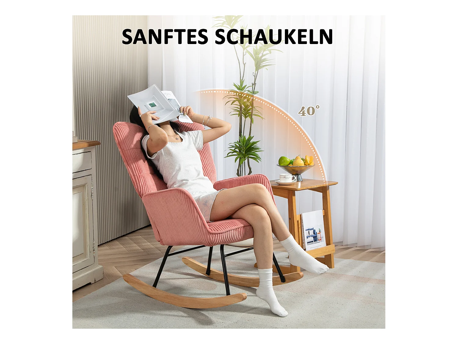 Fauteuil à bascule avec accoudoirs et dossier, tissu côtelé, bois, rose (71x98x101 cm)