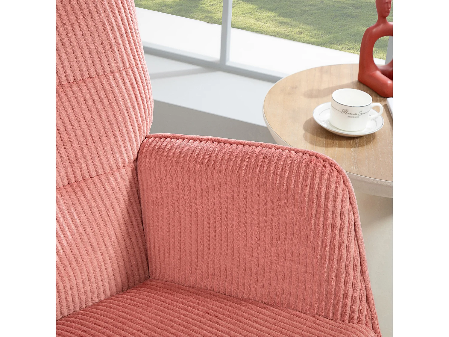 Fauteuil à bascule avec accoudoirs et dossier, tissu côtelé, bois, rose (71x98x101 cm)