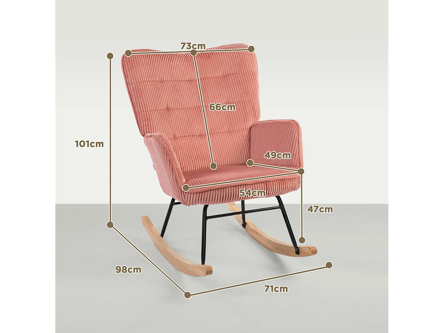 Fauteuil à bascule avec accoudoirs et dossier, tissu côtelé, bois, rose (71x98x101 cm)