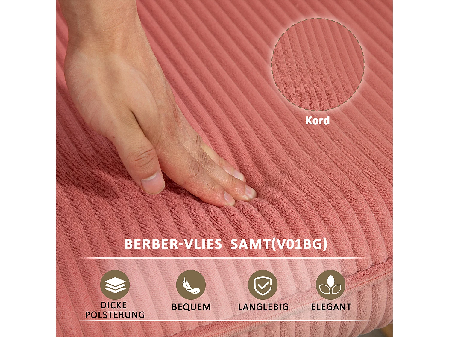 Fauteuil à bascule avec accoudoirs et dossier, tissu côtelé, bois, rose (71x98x101 cm)