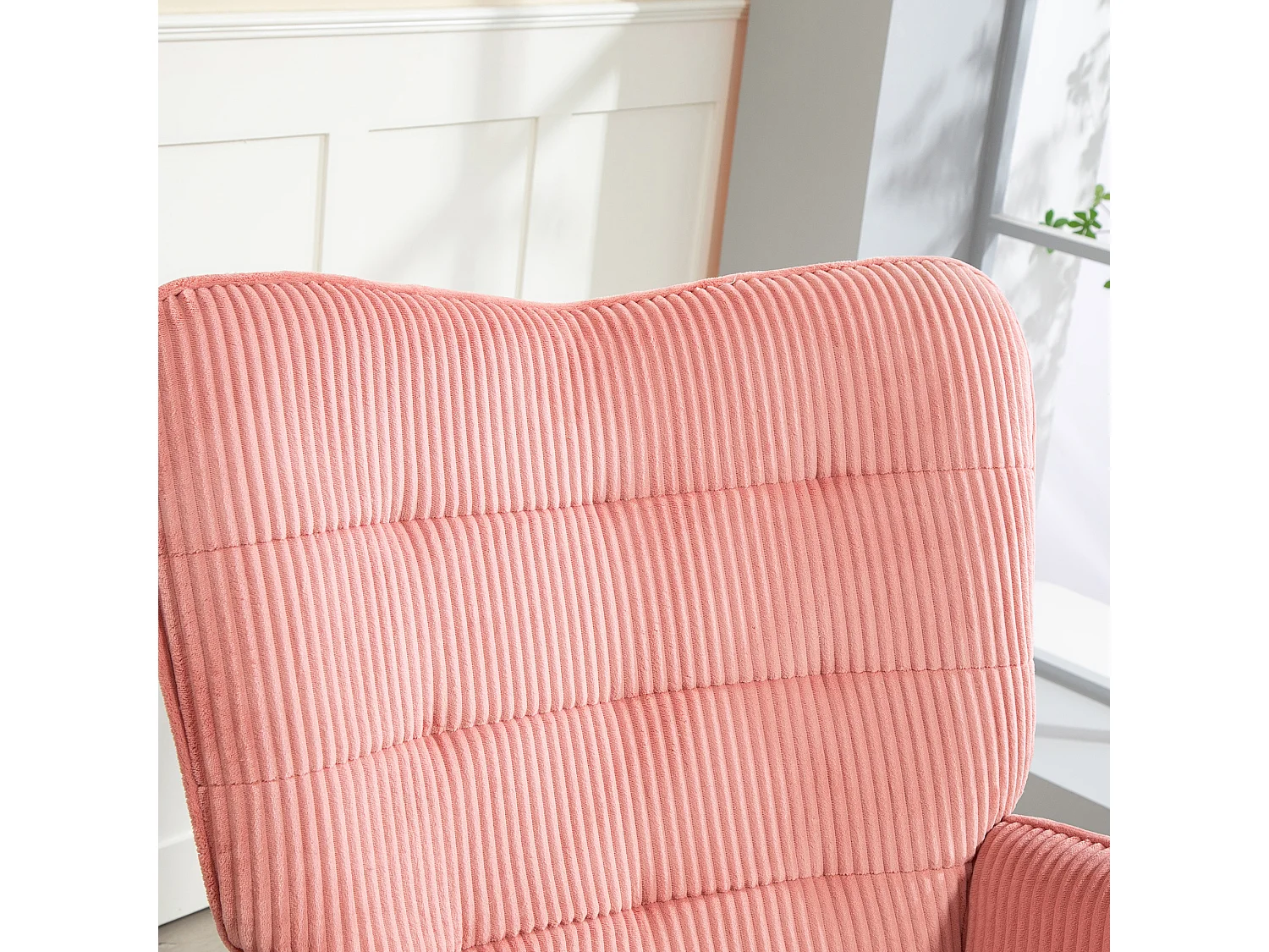 Fauteuil à bascule avec accoudoirs et dossier, tissu côtelé, bois, rose (71x98x101 cm)