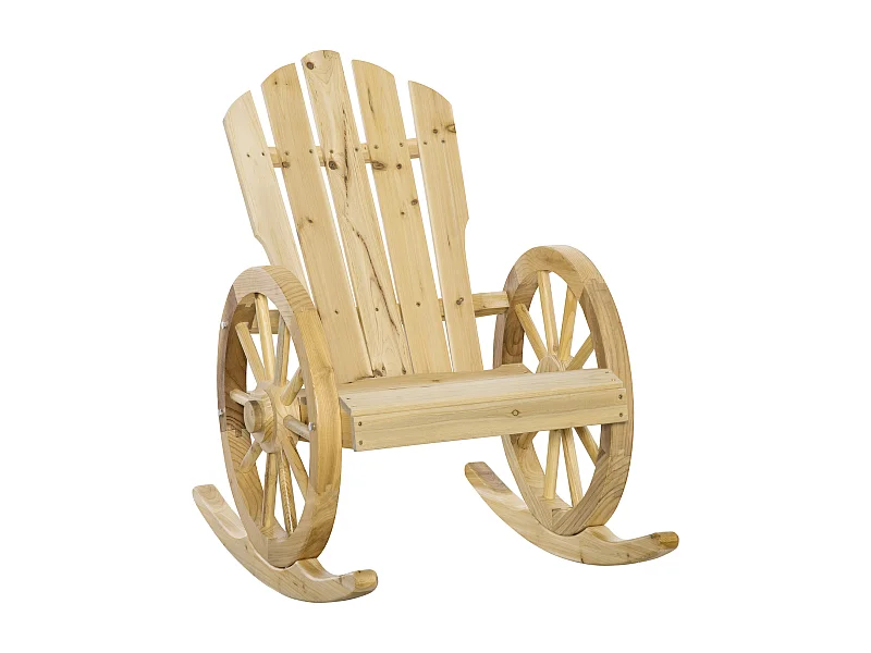 Chaise longue à bascule, design rustique, en bois massif, avec roulettes, bois naturel (68x88x92 cm)