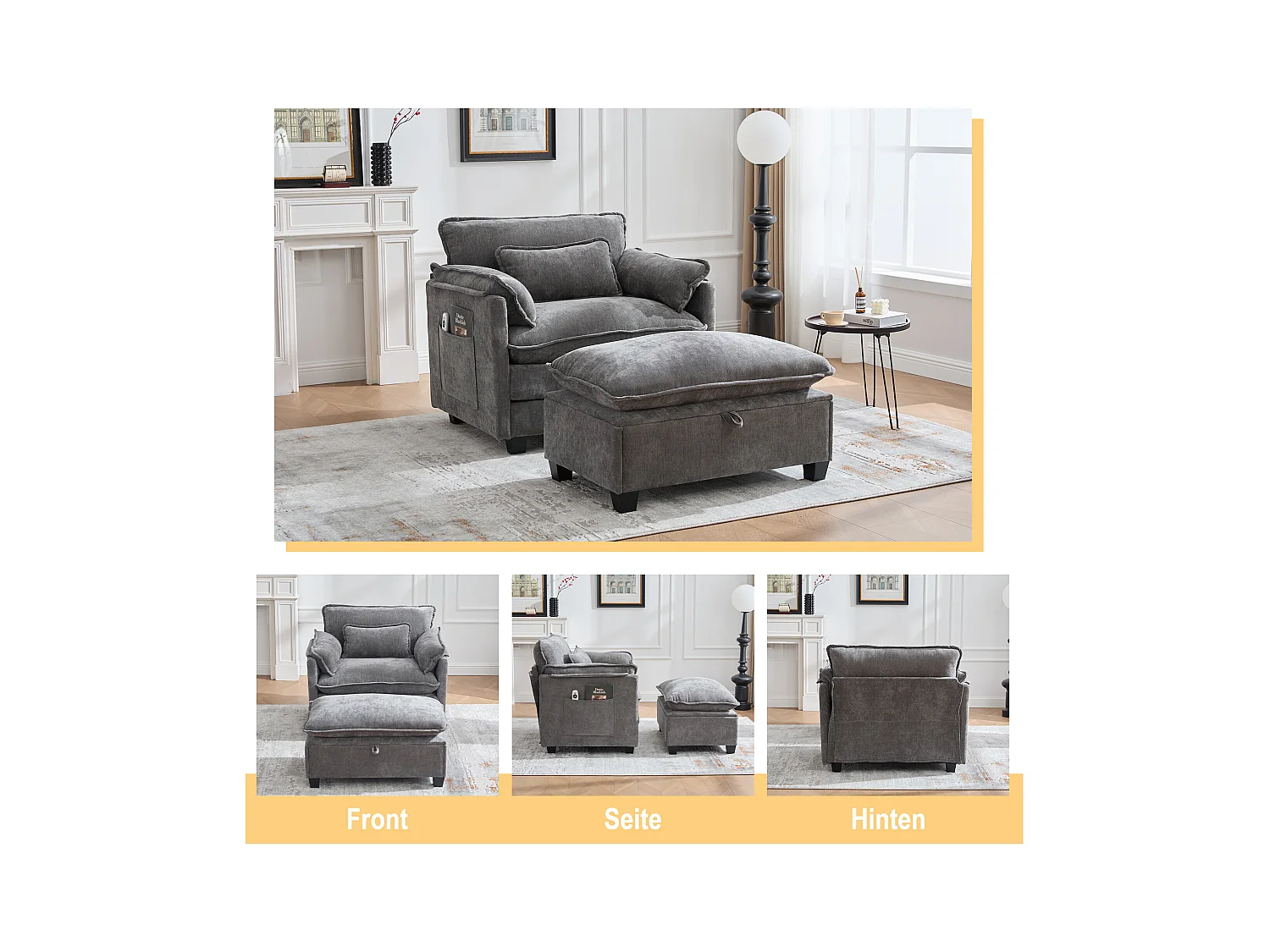 Fauteuil avec repose-pieds et rangement, chenille gris, avec poches latérales et coussins (103x85x91 cm)