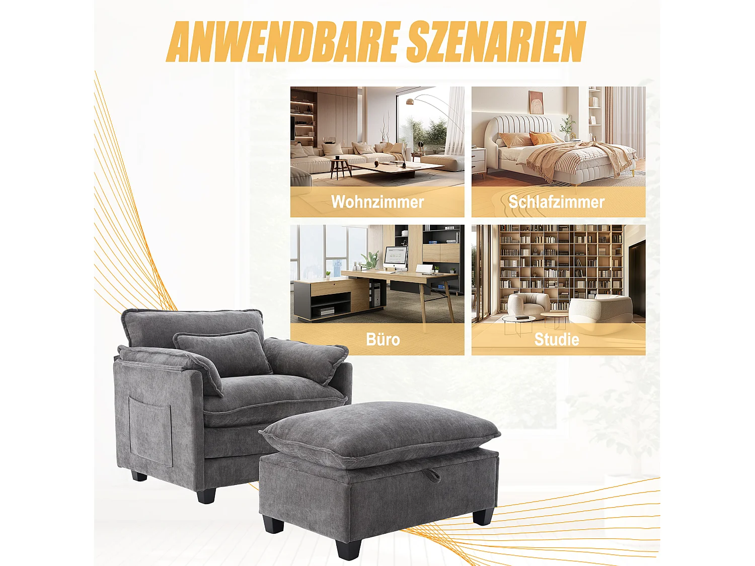 Fauteuil avec repose-pieds et rangement, chenille gris, avec poches latérales et coussins (103x85x91 cm)