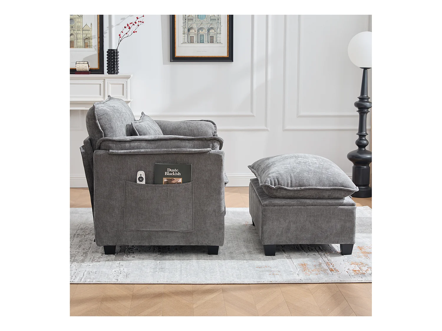 Fauteuil avec repose-pieds et rangement, chenille gris, avec poches latérales et coussins (103x85x91 cm)