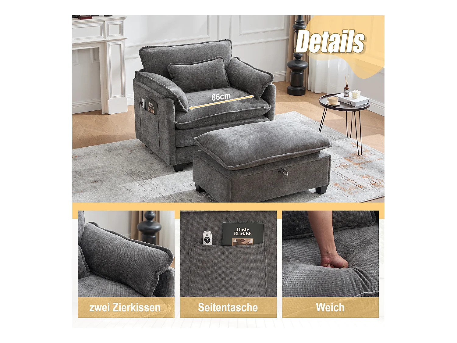 Fauteuil avec repose-pieds et rangement, chenille gris, avec poches latérales et coussins (103x85x91 cm)