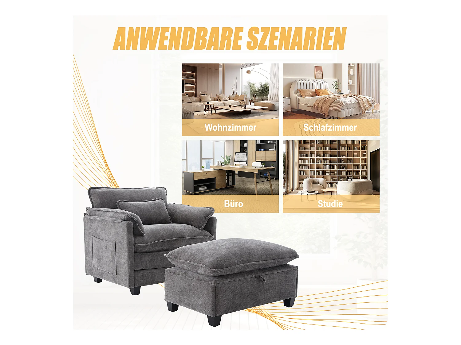 Fauteuil avec repose-pieds et rangement, chenille gris, avec poches latérales et coussins (103x85x91 cm)