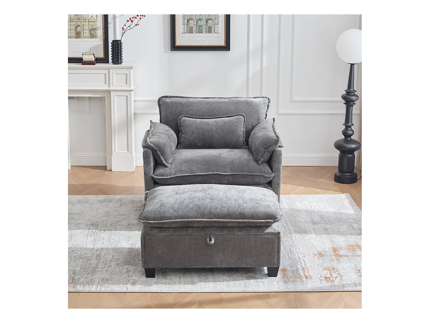 Fauteuil avec repose-pieds et rangement, chenille gris, avec poches latérales et coussins (103x85x91 cm)