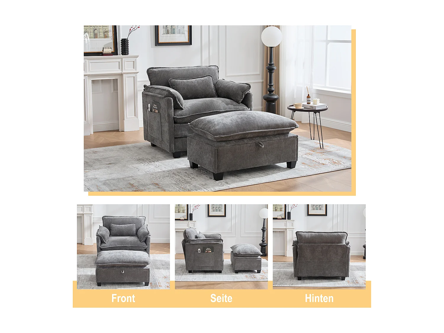 Fauteuil avec repose-pieds et rangement, chenille gris, avec poches latérales et coussins (103x85x91 cm)