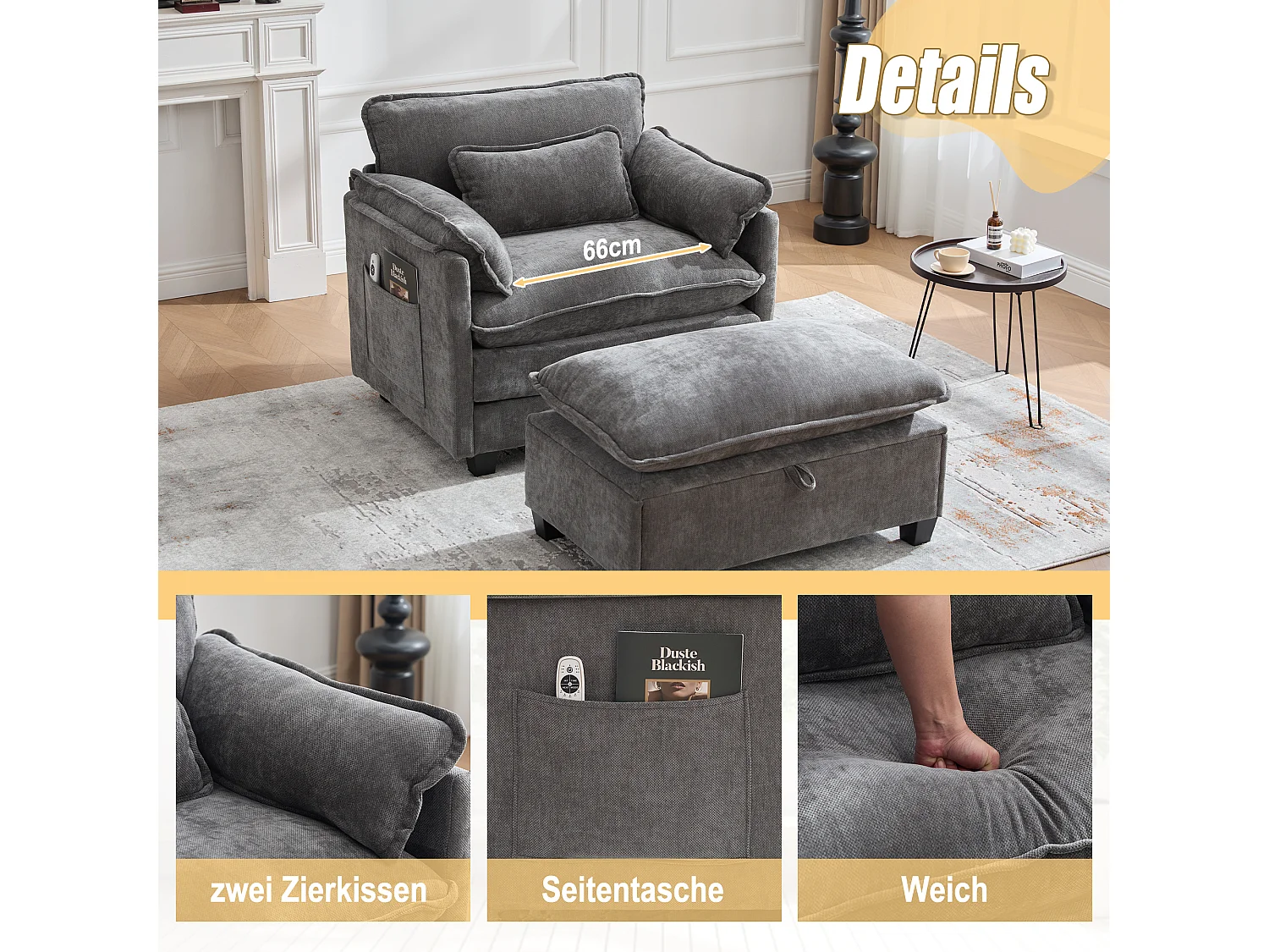 Fauteuil avec repose-pieds et rangement, chenille gris, avec poches latérales et coussins (103x85x91 cm)